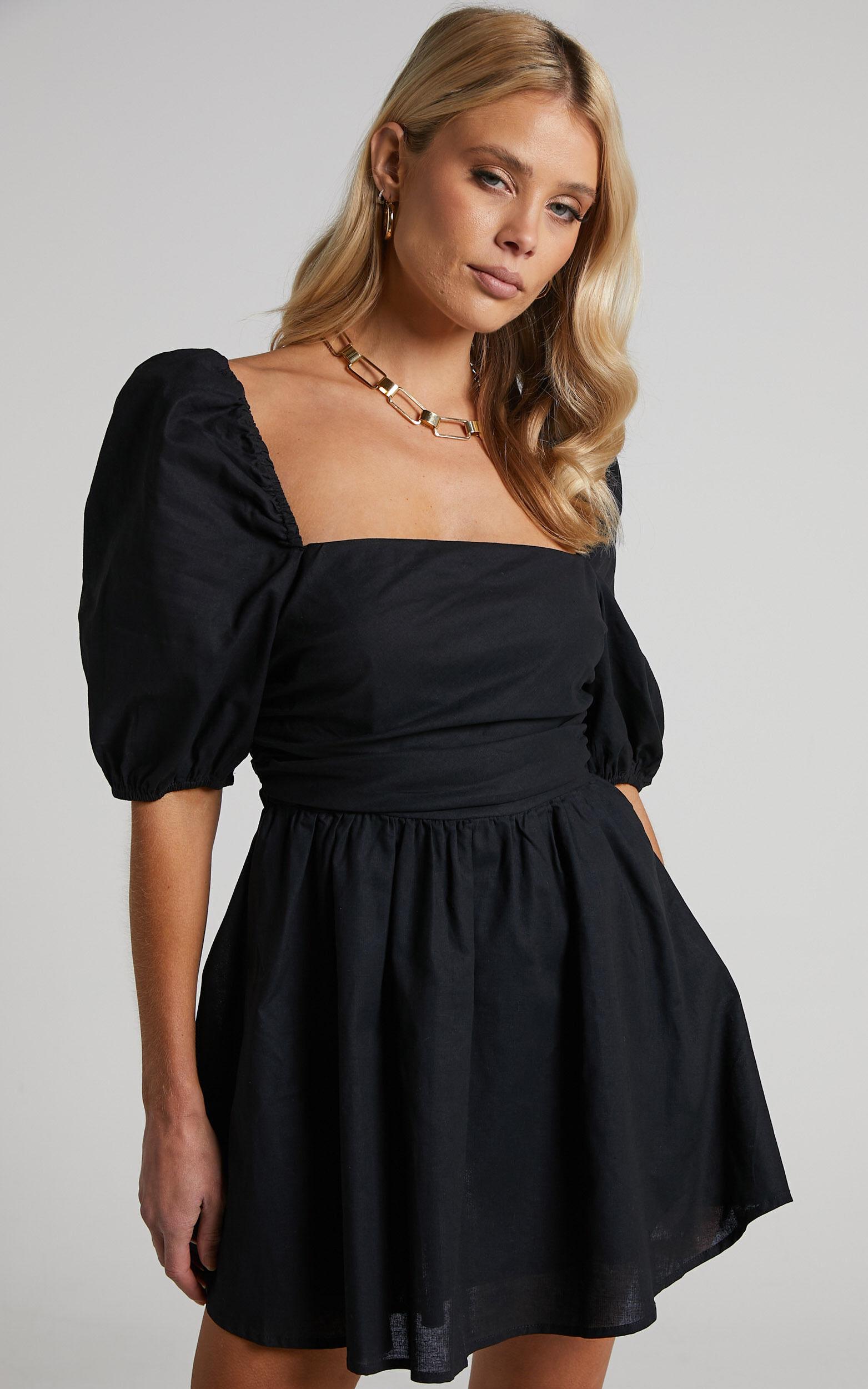 Claudina Mini Dress - Linen Look Puff Sleeve Ruched Bodice Dress in Black Product Image