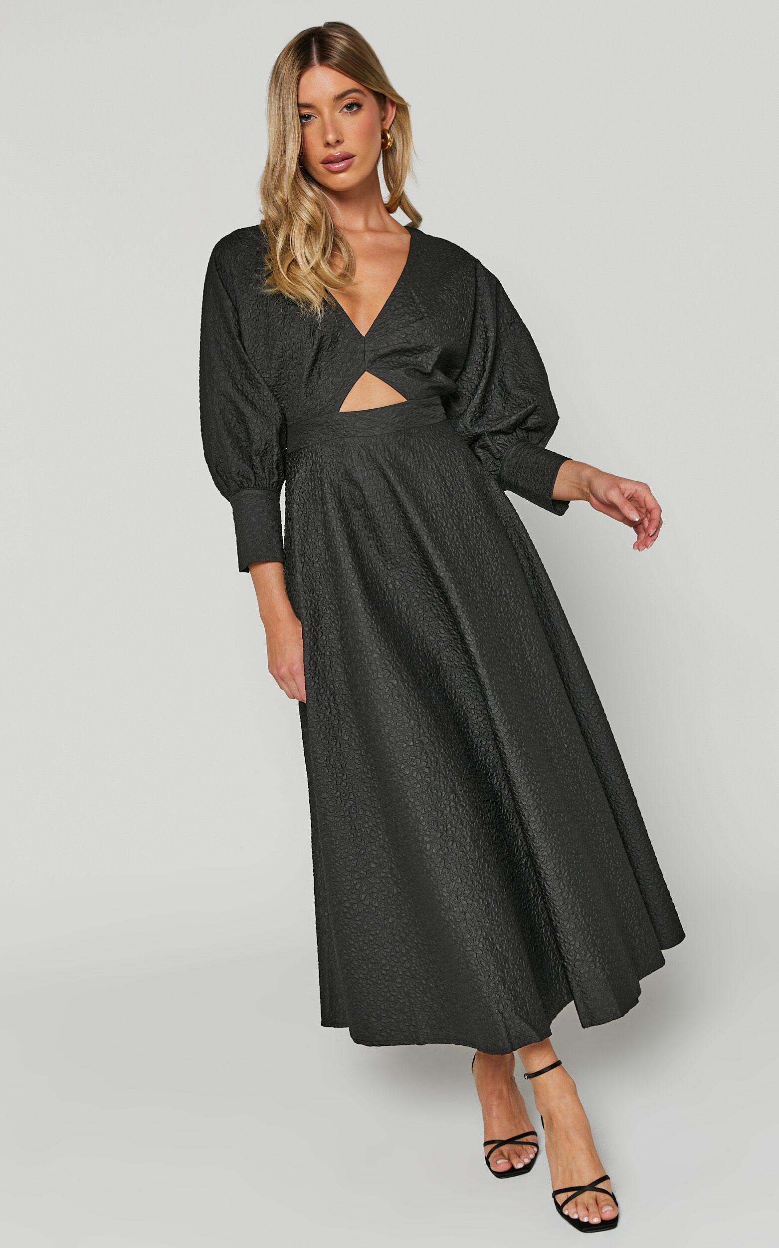 Ashtina Midi Dress - V Neck Cut Out Puff Sleeve Dress in Black Product Image