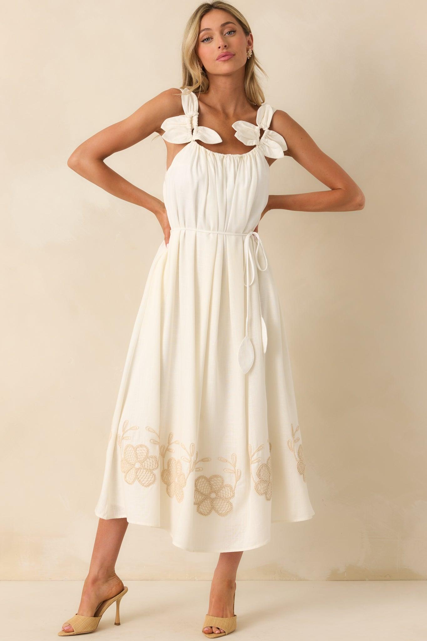 Living In The Moment Ivory Linen Blend Embroidered Maxi Dress Product Image