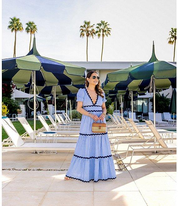 SAIL to SABLE x Style Charade Stripe Print V-Neck Short Sleeve Seersucker Maxi Dress Product Image