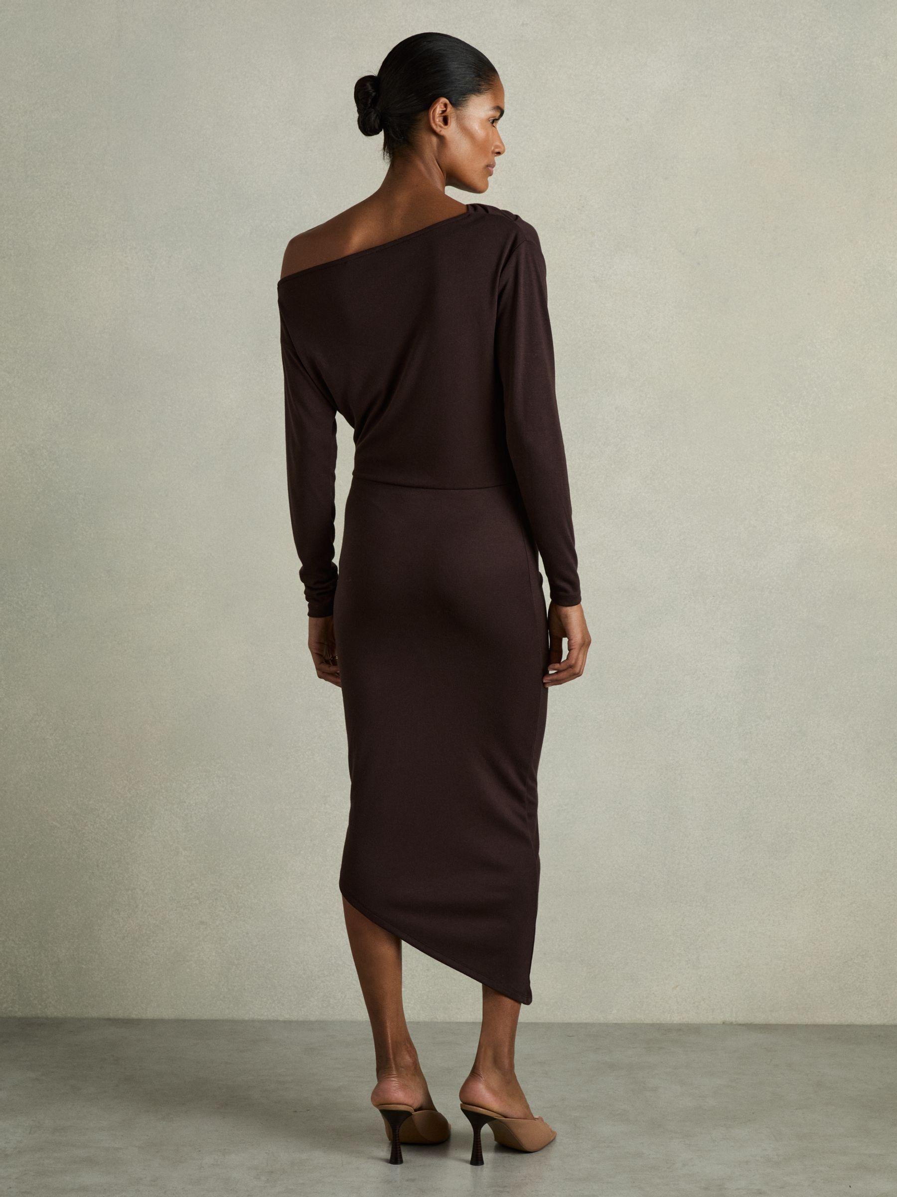 Off-The-Shoulder Ruched Jersey Midi Dress in Brown Product Image