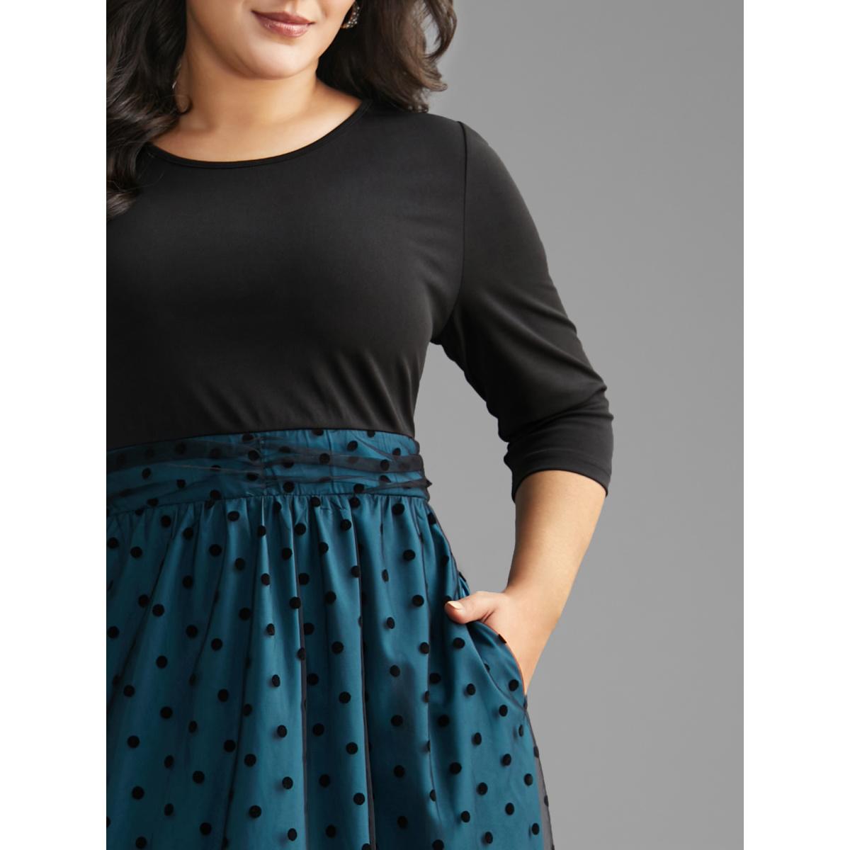 Plus Size Polka Dot Flocking Mesh Patchwork Dress Teal Women Elegant Gathered Round Neck Elbow-length sleeve Curvy BloomChic 22-24/3X Product Image