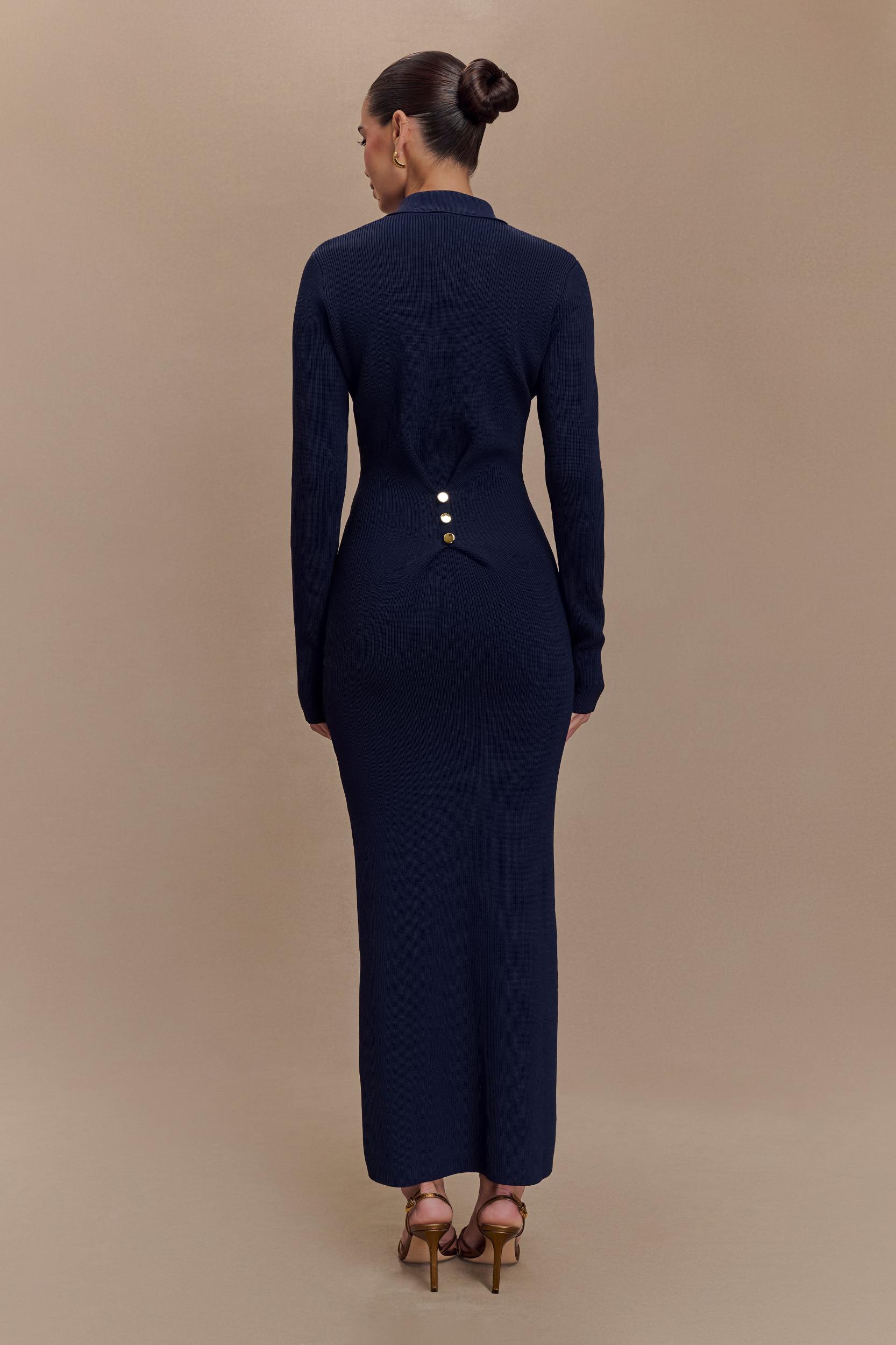 Abbey Buttoned Knit Midi Dress - Navy Product Image