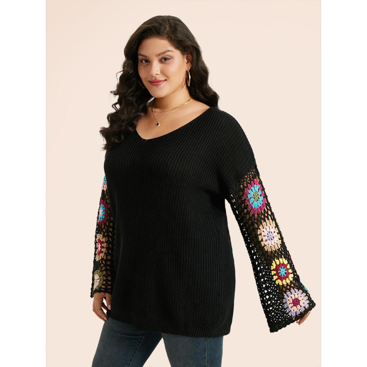 Plus Size Floral Embroidered Hollow Out Pullover Black Women Leisure Long Sleeve V-neck Casual Pullovers BloomChic 30/6X Product Image