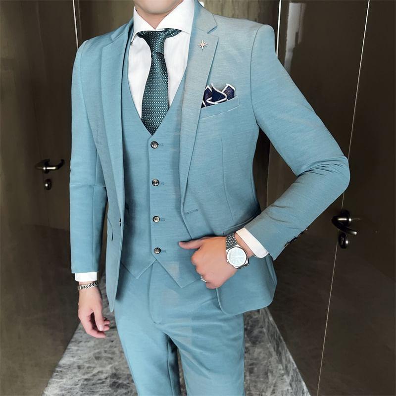 Set: Lapel Collar Plain Single Button Blazer + Mid Rise Plain Dress Pants + V-Neck Plain Single Breasted Vest Product Image