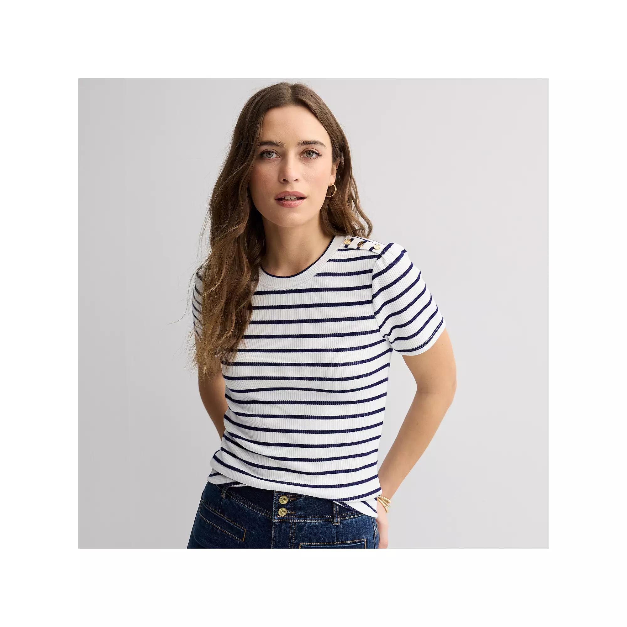 Women's Draper James Short Sleeve Button Shoulder Top, Size: Medium, Blue Stripe Product Image