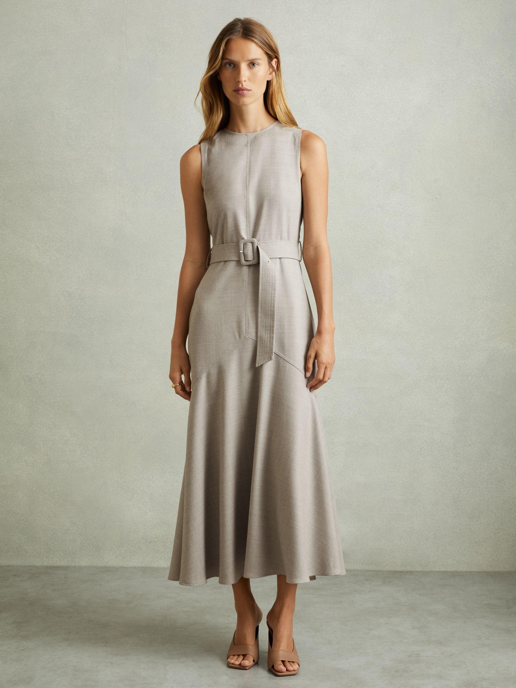 Belted Flared Midi Dress in Grey Product Image
