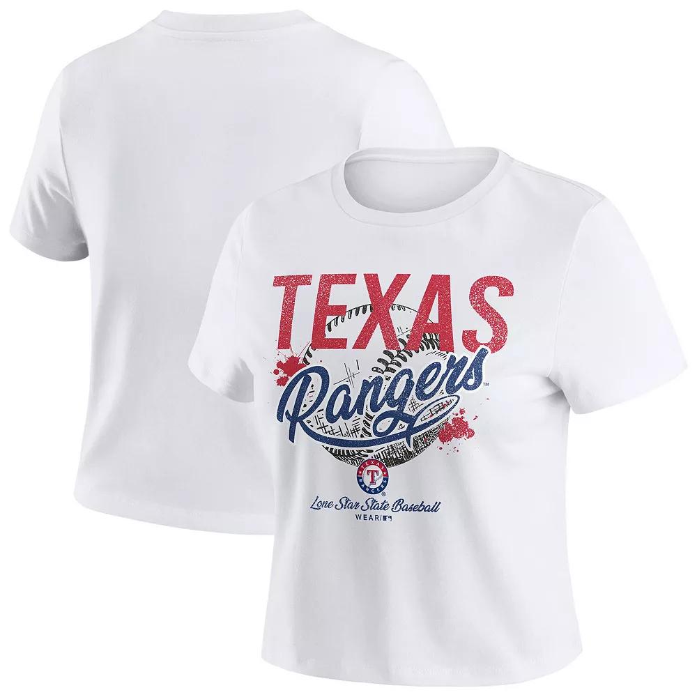 Women's WEAR by Erin Andrews  White Texas Rangers Distressed Cropped Baby T-Shirt, Size: Large Product Image