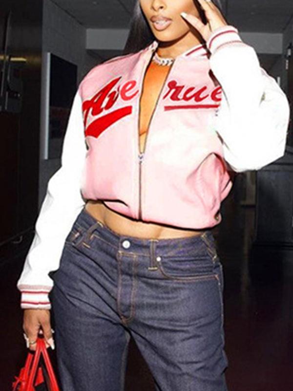 Letter Print Splice Short Leather Varsity Jacket Product Image