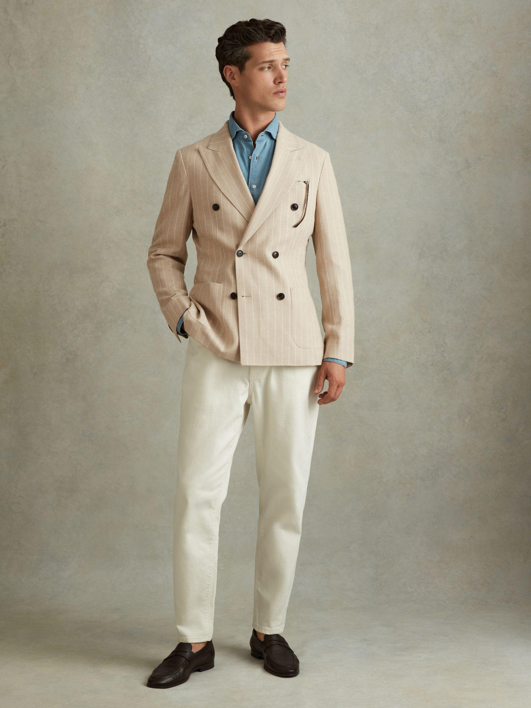 Slim Fit Double Breasted Striped Blazer in Oatmeal Product Image