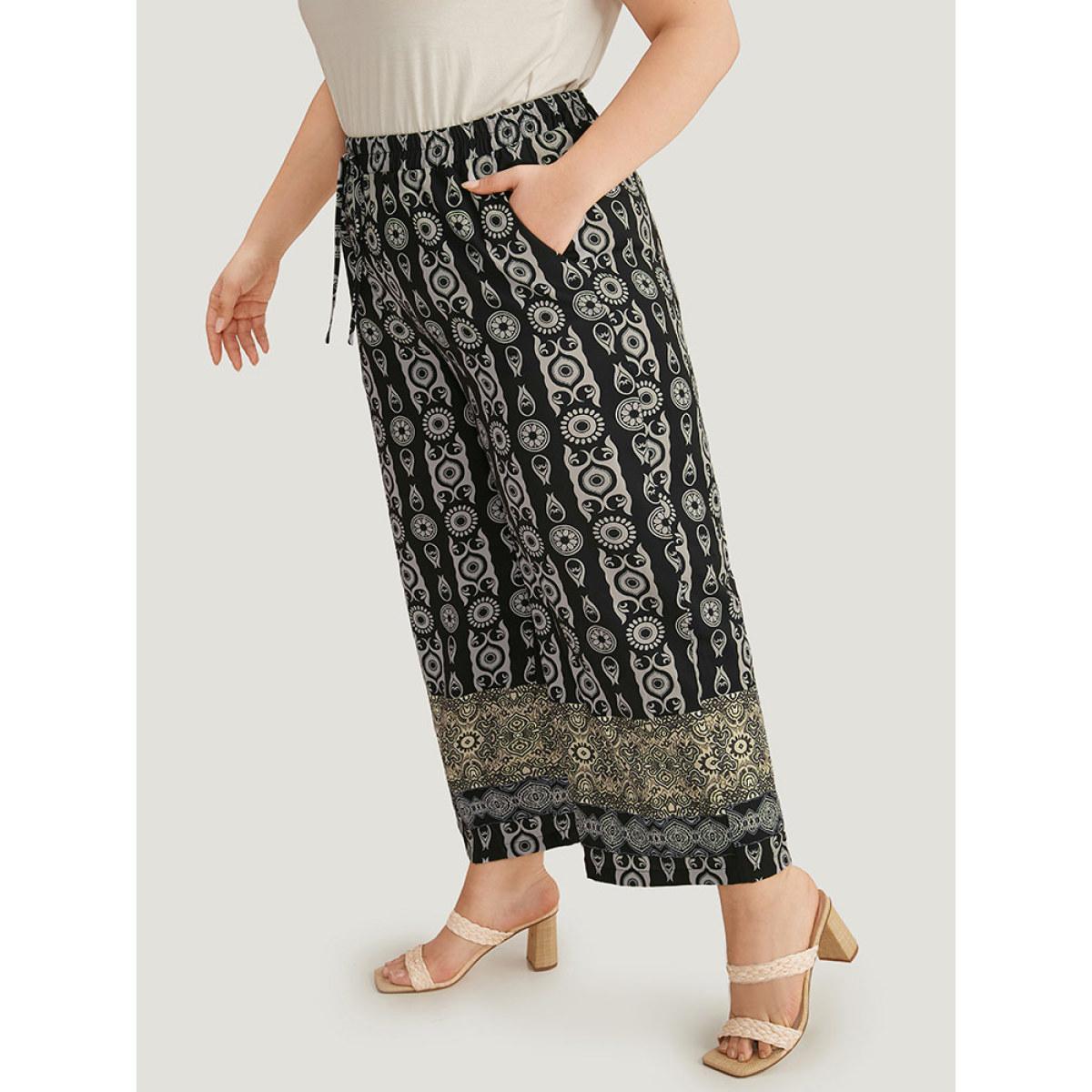 Plus Size Boho Print Straight leg Pants Women Black Vacation Straight Leg High Rise Dailywear Pants BloomChic 18-20/2X Product Image