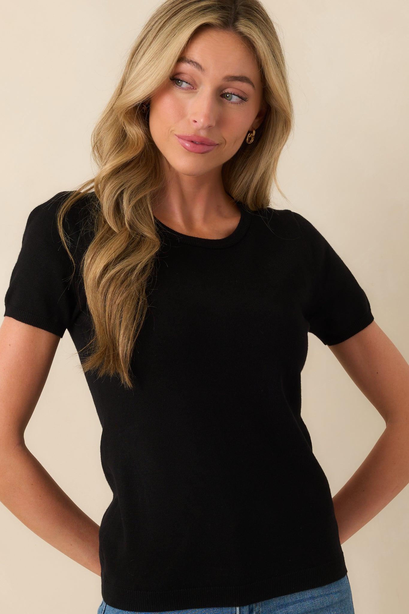Cross Your Mind Black Short Sleeve Sweater Top Product Image