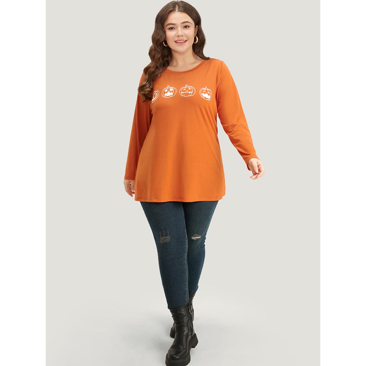 Plus Size Halloween Pumpkin Print Round Neck T-shirt Chocolate Women Casual Printed Halloween Festival-Halloween T-shirts BloomChic 22-24/3X Product Image