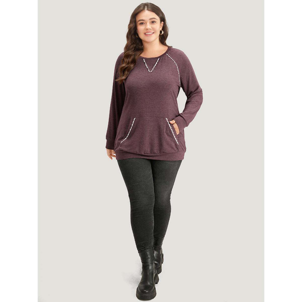 Plus Size Plain Heather Guipure Lace Raglan Sleeve Pocket Sweatshirt Women Eggplant Casual Heather Round Neck Dailywear Sweatshirts BloomChic 30/6X Product Image