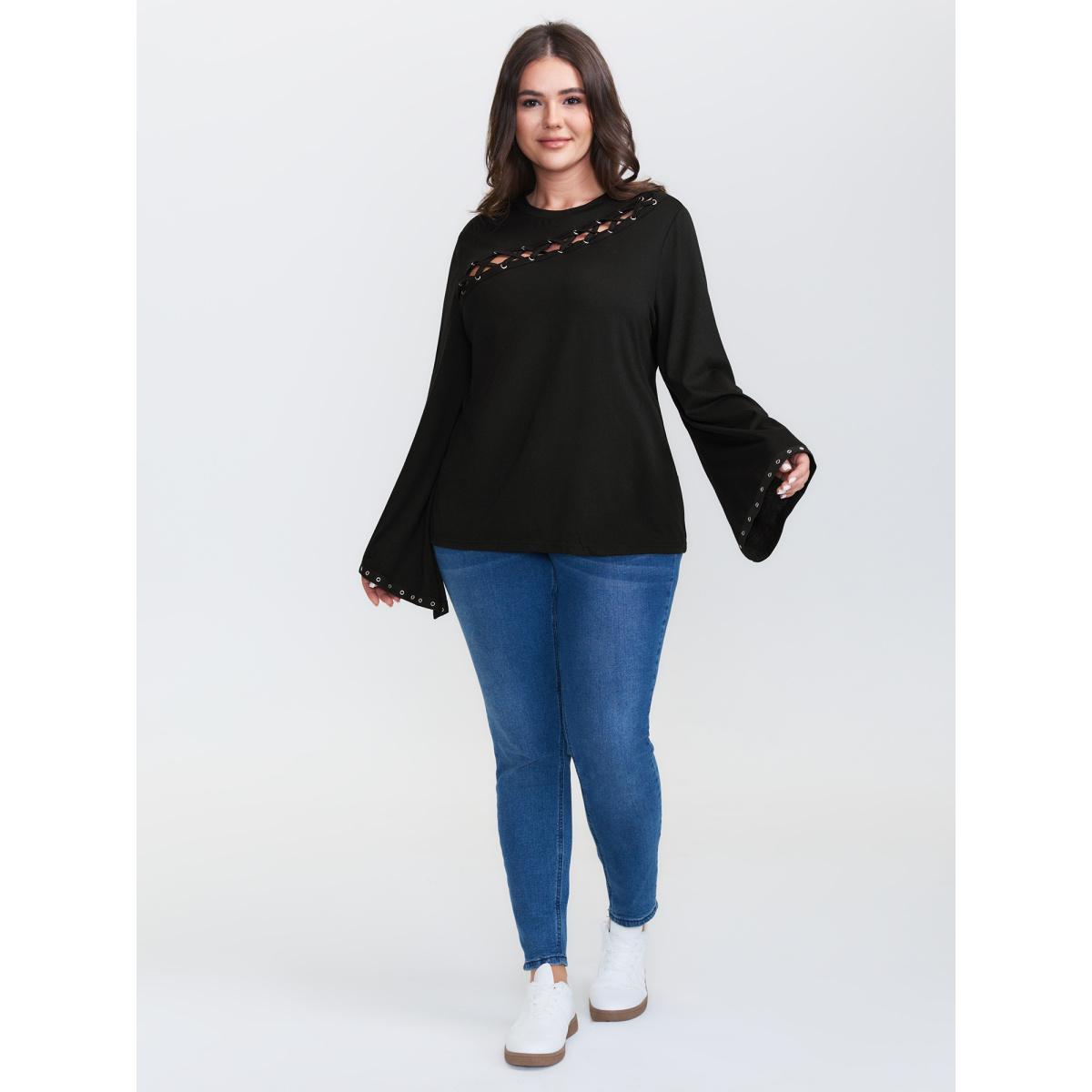 Plus Size Peek-A-Boo Cut-Out Neckline T-shirt Black Women Timeless Eyelet Round Neck Elegant T-shirts BloomChic 28/5X Product Image