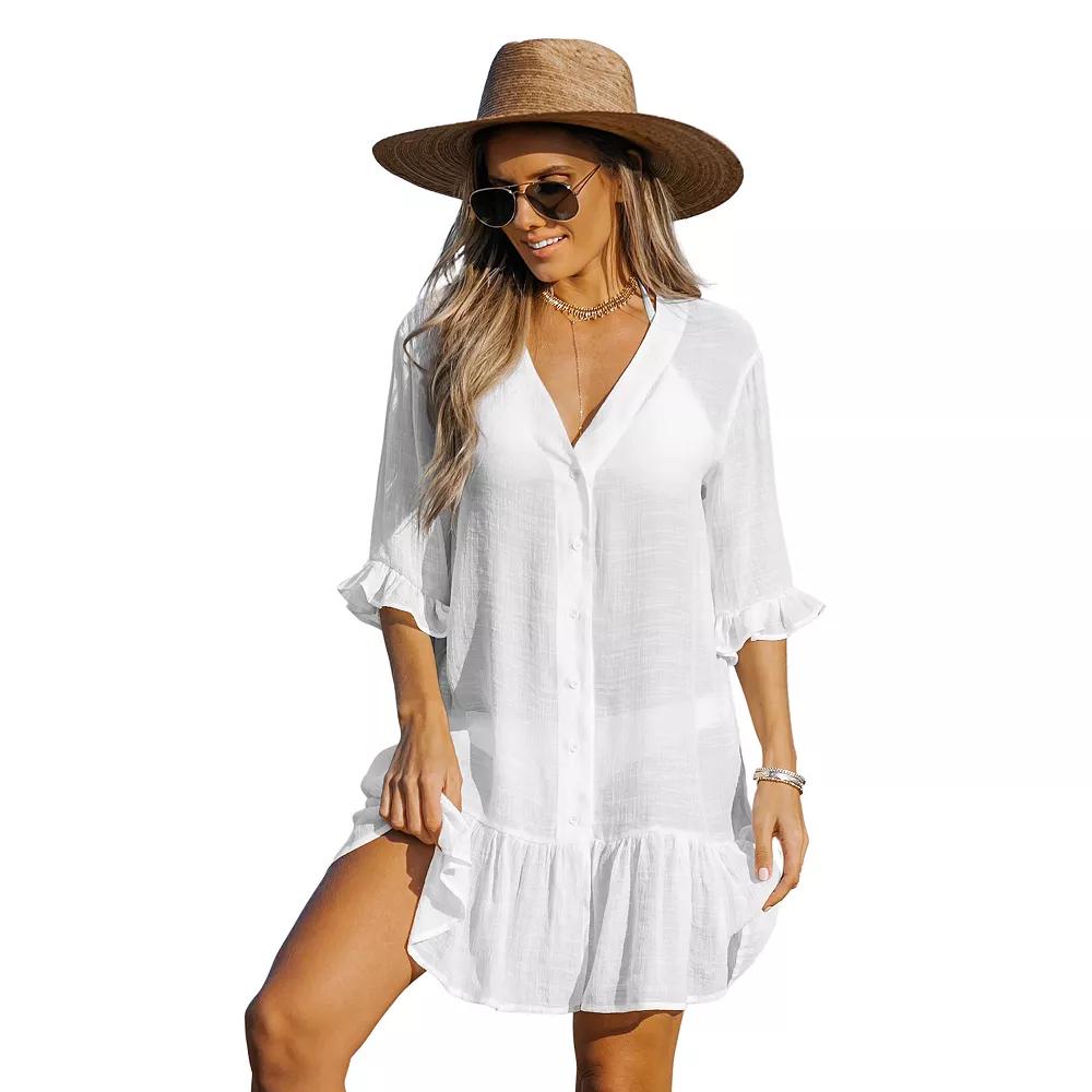 Women's Cupshe Ruffled Swim Cover-Up Dress, Size: Small, White Product Image