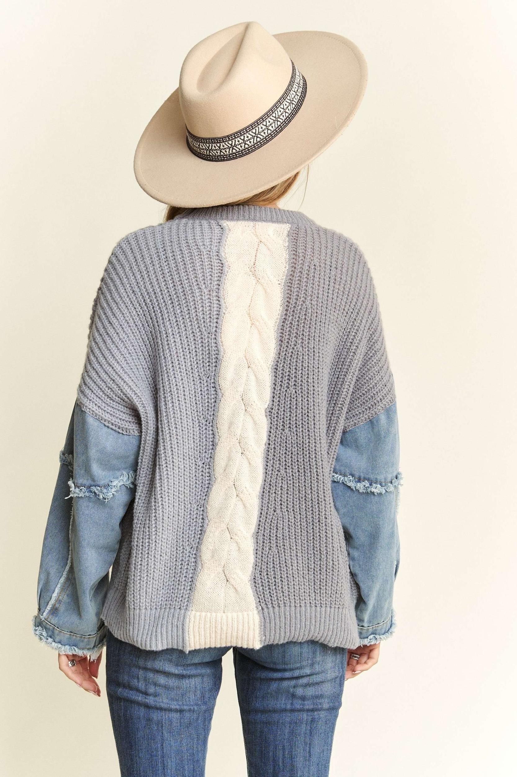 Plus Frayed Denim Sleeve Knit Color Block Sweater Top Product Image