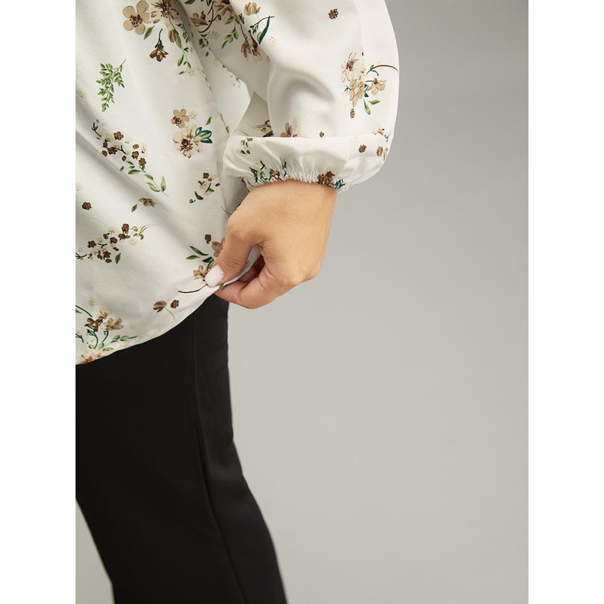Plus Size Ivory Floral Print Buckle Detail Gathered Bell Sleeve Blouse Women Elegant Long Sleeve V-neck Dailywear Blouses BloomChic 14-16/1X Product Image