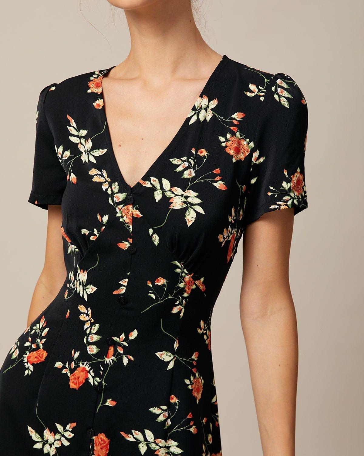 The Black V Neck Floral Button Up Mini Dress Product Image