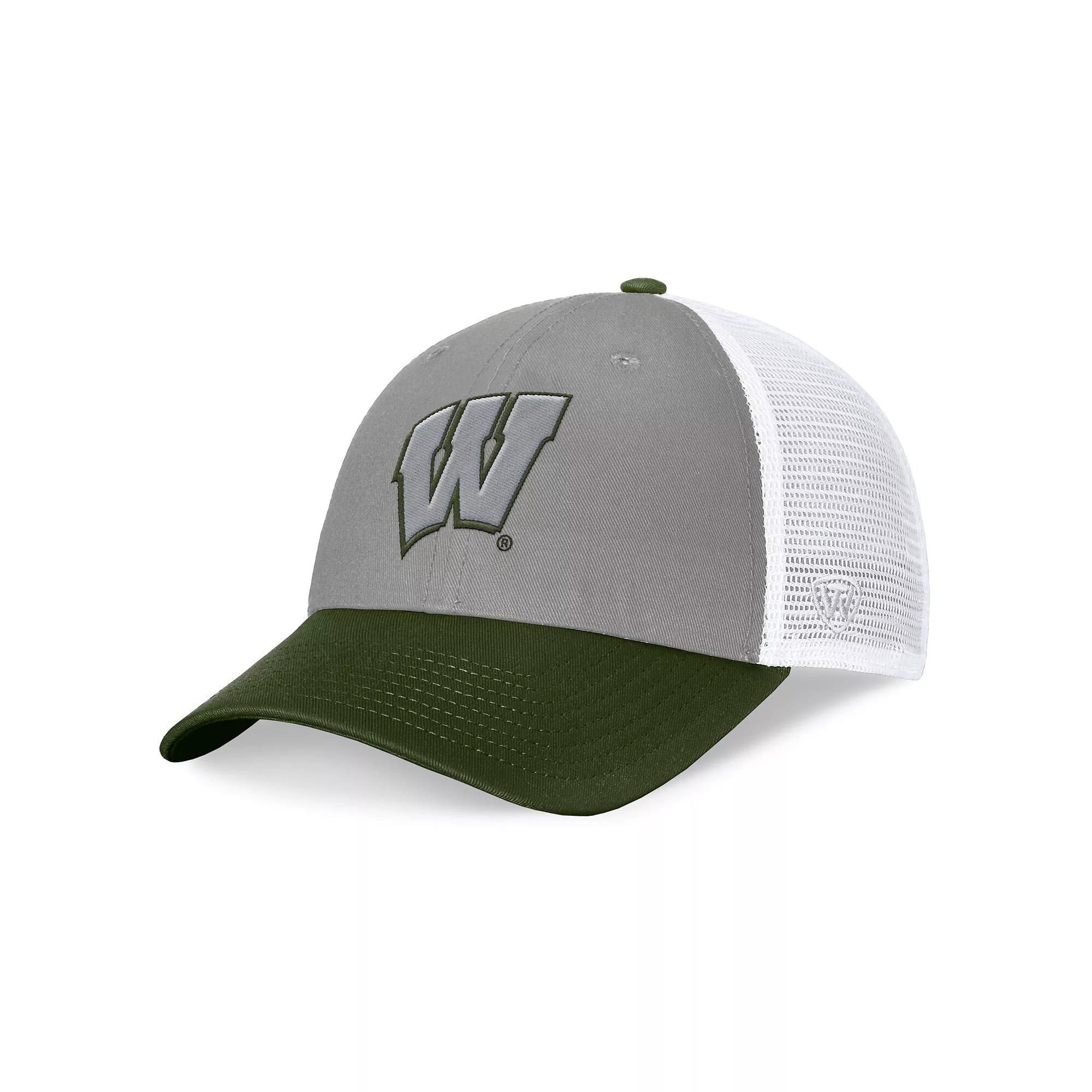 Men's Top of the World Gray/Green Wisconsin Badgers OHT Military Appreciation Badge Trucker Adjustable Hat, Grey Product Image