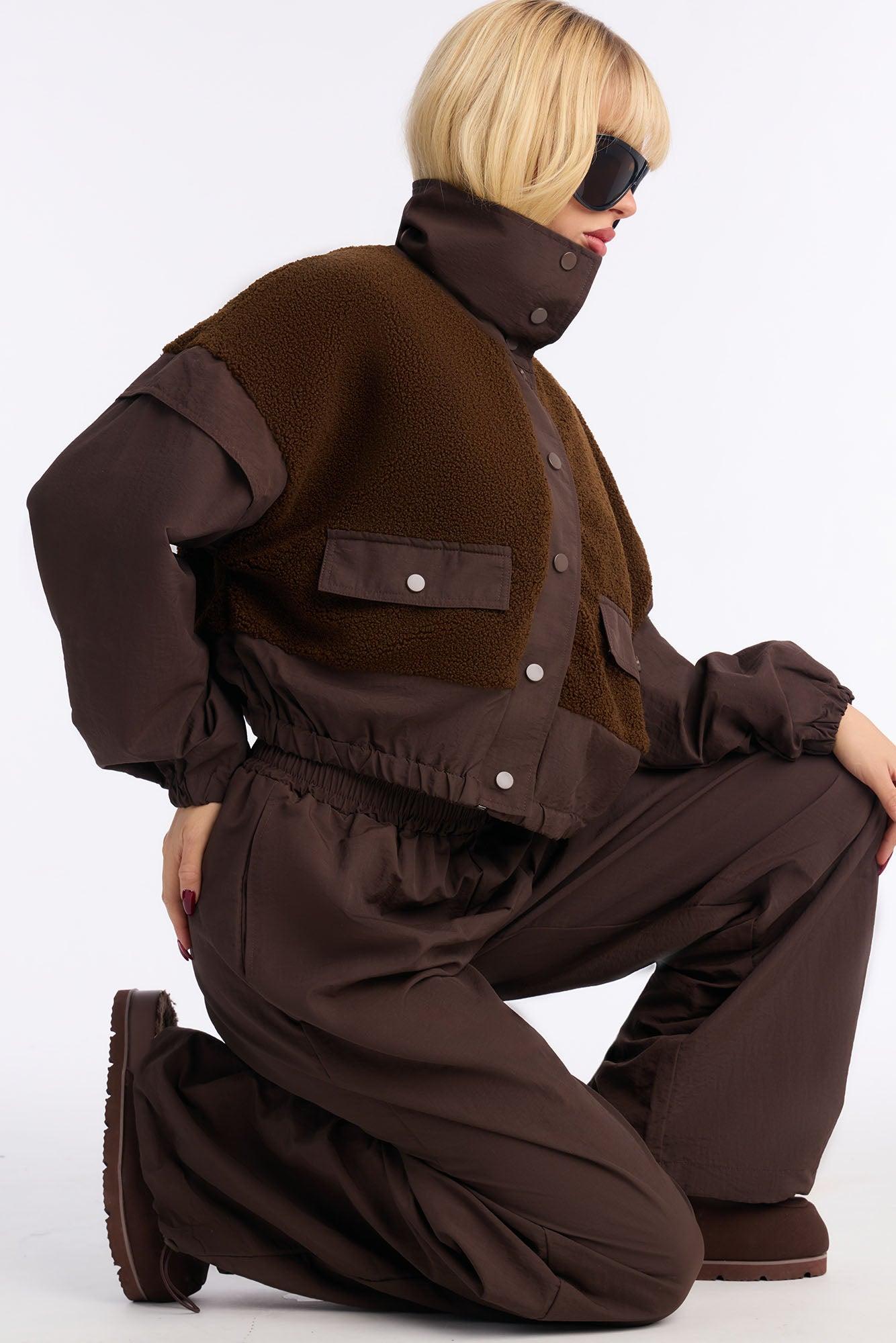 Lowkey Windbreaker Sherpa Pant Set - Chocolate Female Product Image