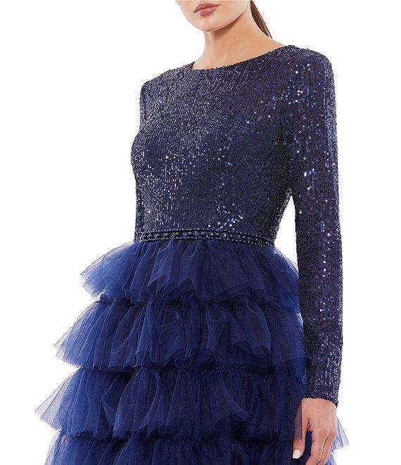 Mac Duggal Tiered Ruffle Crew Neck Long Sleeve Midi Dress Product Image