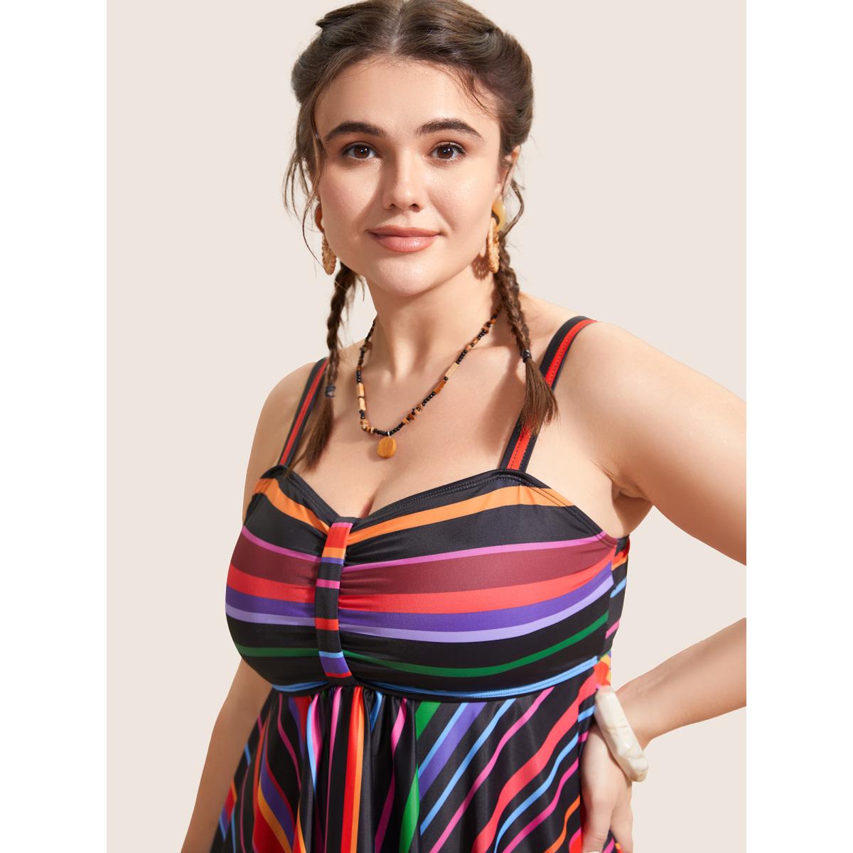 Plus Size Heart Neckline Striped Contrast Gathered Swim Top Women's Swimwear Black Beach Gathered High stretch Bodycon Heart neckline Curve Swim Tops BloomChic 14-16/1X Product Image