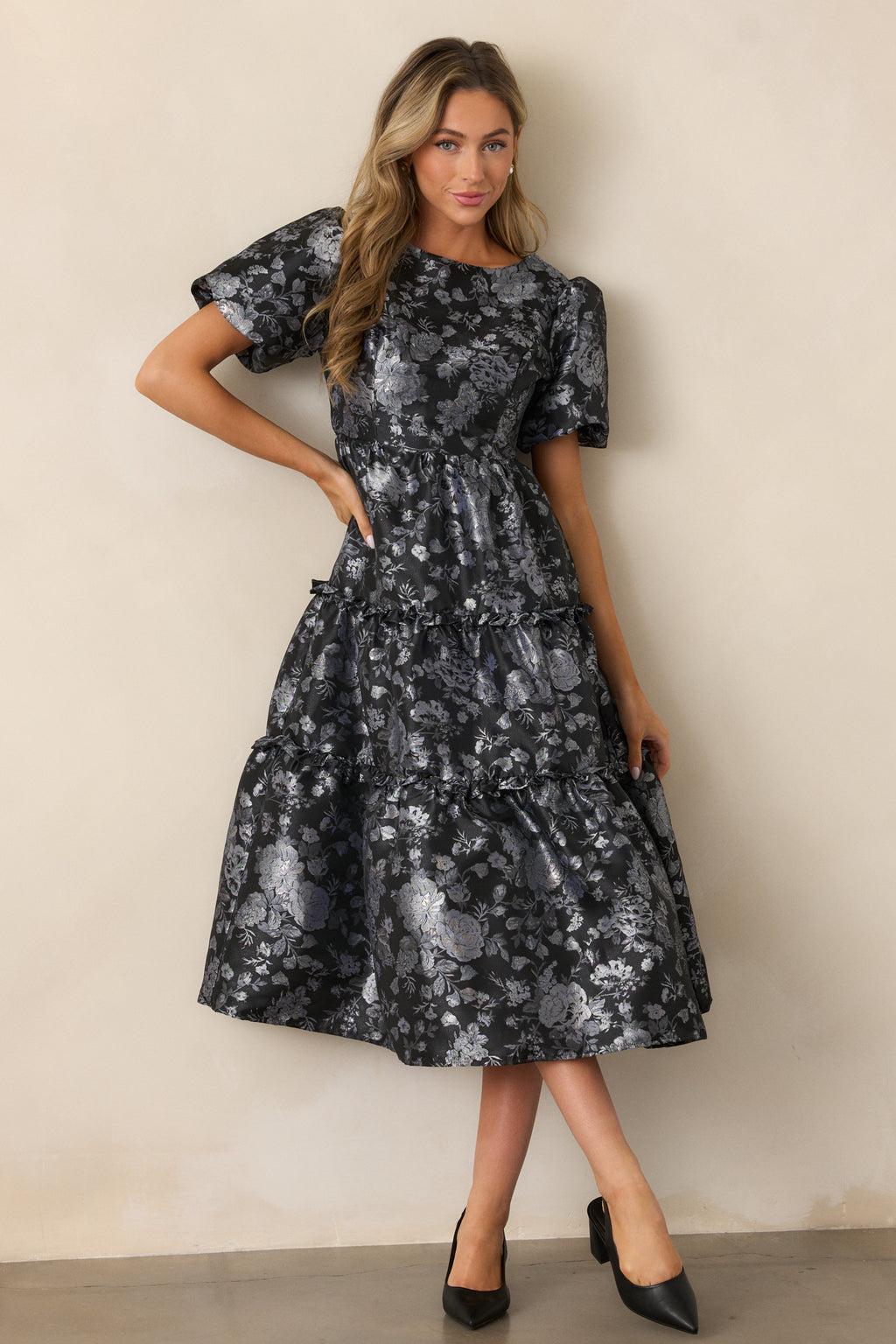 Follow My Lead Black Floral Jacquard Midi Dress Product Image