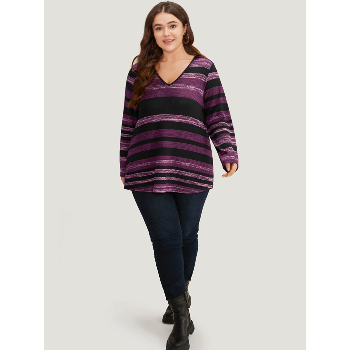 Plus Size Striped Contrast V Neck T-shirt Purple Women Casual Printed Striped V-neck Dailywear T-shirts BloomChic 12/L Product Image