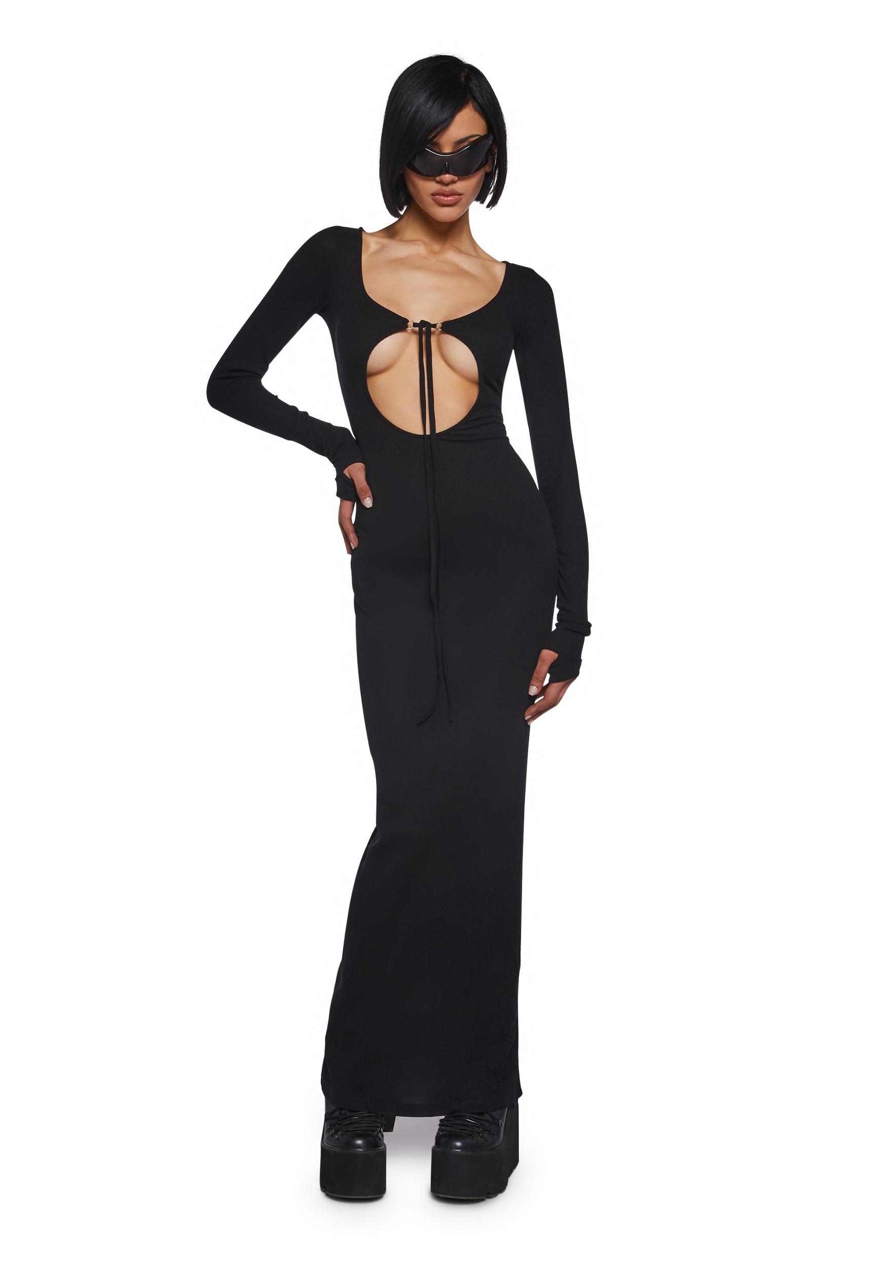 Womens Thermal Ribbed Maxi Dress With Cut Outs - Black Product Image