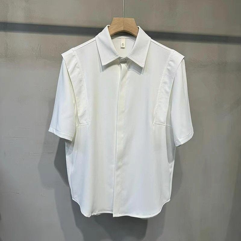 Short Sleeve Collared Plain Panel Shirt Product Image