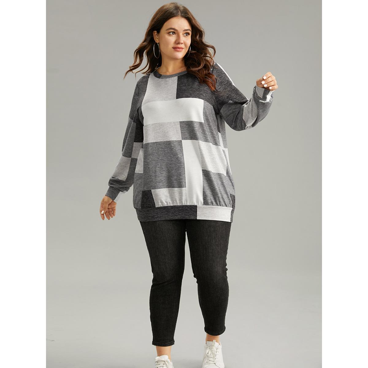 Plus Size Asymmetrical Colorblock Contrast Crew Neck Sweatshirt Women Black Casual Contrast Round Neck Dailywear Sweatshirts BloomChic 28/5X Product Image