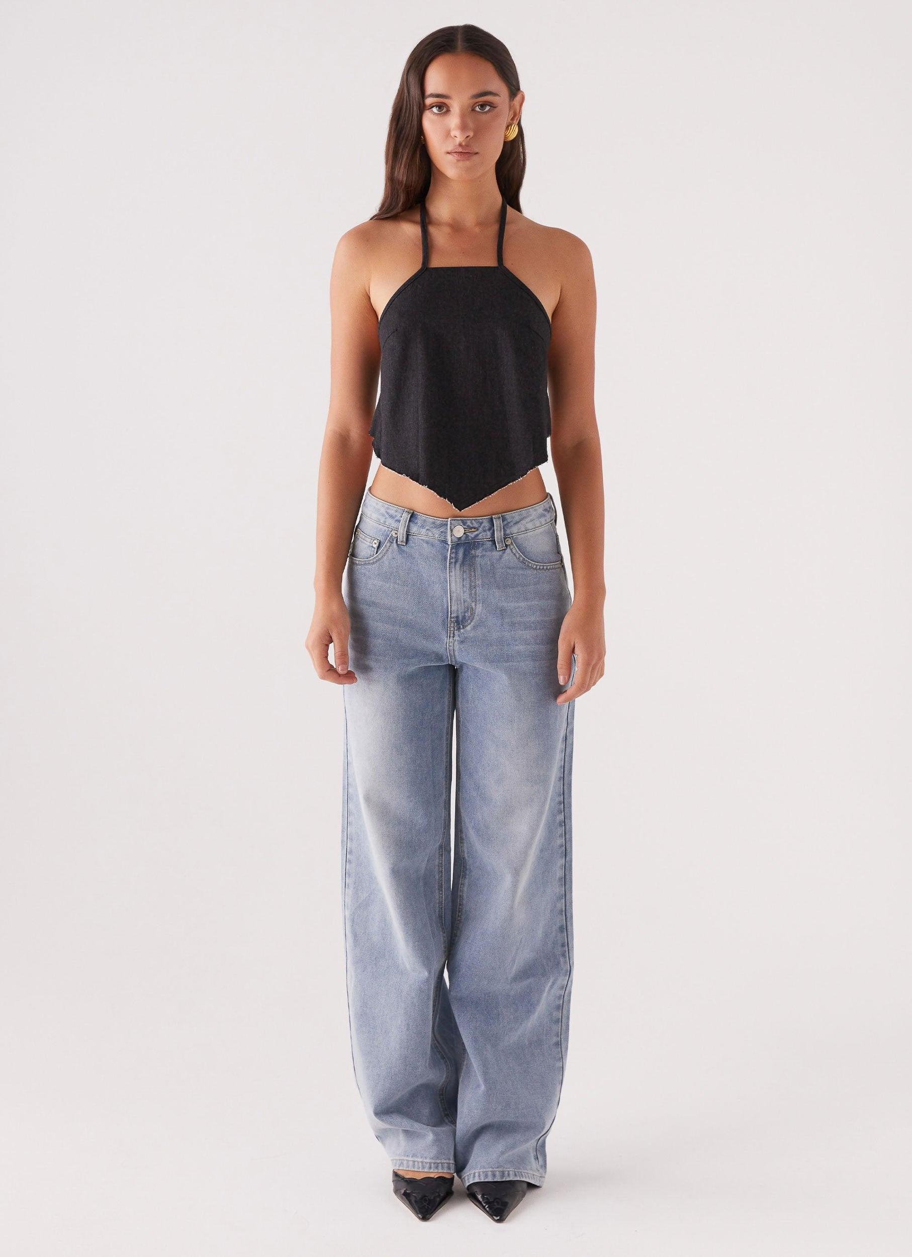 Rexi Halter Denim Top - Washed Black Product Image