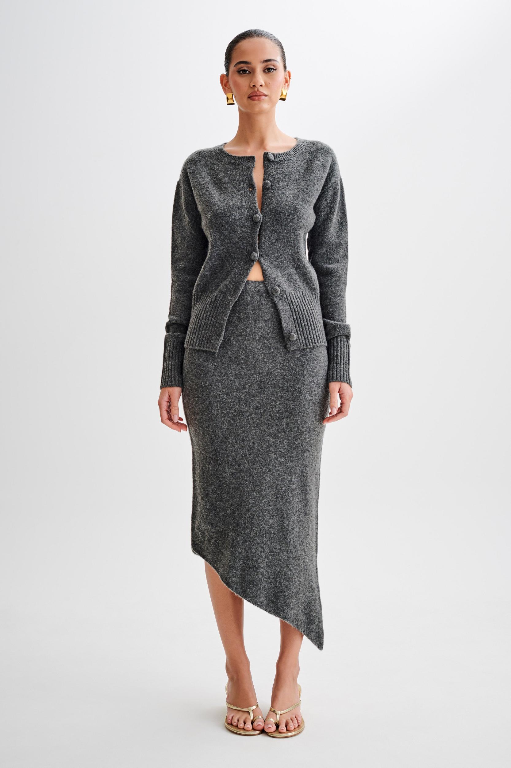 Genevieve Asymmetrical Knit Midi Skirt - Charcoal Marle Product Image