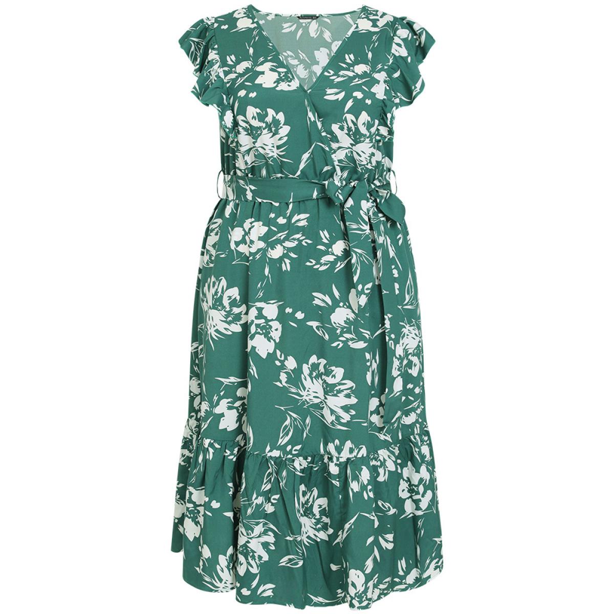 Plus Size Floral Print Belted Ruffle Cap Sleeve Pocket Dress Green Women Elegant Wrap V-neck Cap Sleeve Curvy Midi Dress BloomChic 22-24/3X Product Image