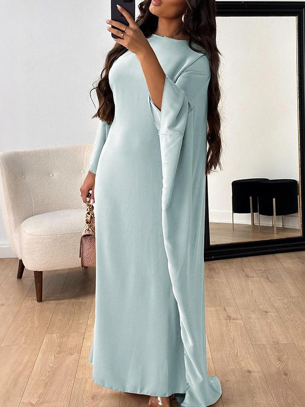High-Low Long Sleeves Solid Color Round-Neck Maxi Dresses Product Image