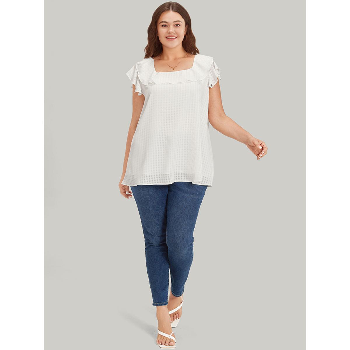 Plus Size Ivory Gingham Flutter Cap Sleeve Tiered Blouse Women Elegant Cap Sleeve Square Neck Dailywear Blouses BloomChic 30/6X Product Image