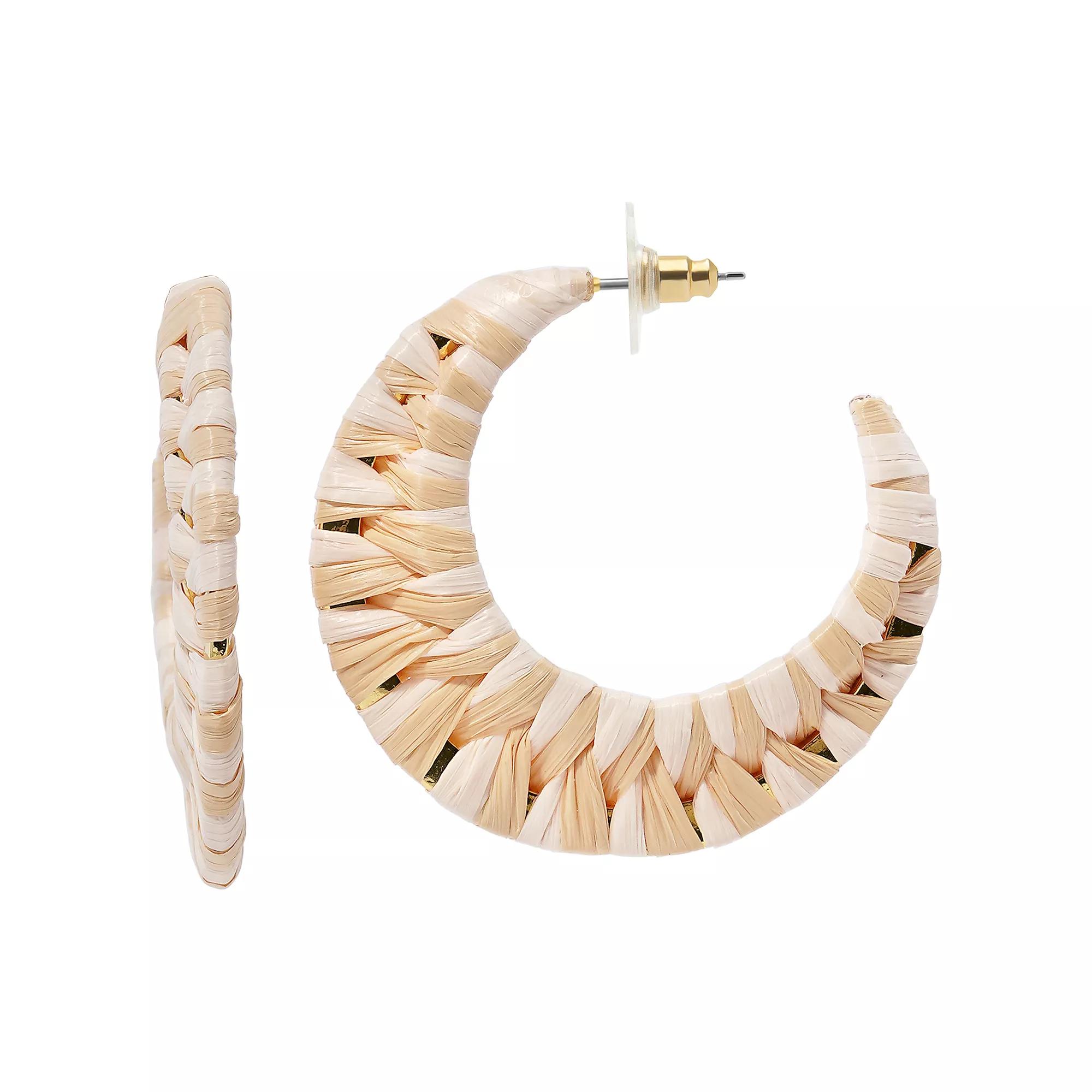 Emberly Gold Tone White Tone Raffia Wrapped J Hoop Earrings, Women's Product Image