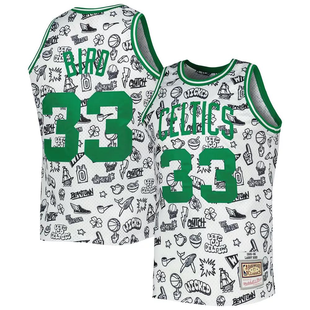 Men's Mitchell & Ness Larry Bird White Boston Celtics 1985/86 Hardwood Classics Doodle Swingman Jersey, Size: Medium Product Image