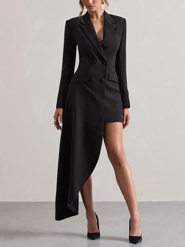 Long Sleeves Asymmetric Buttoned Pockets Solid Color Notched Collar Blazer Maxi Dress Product Image