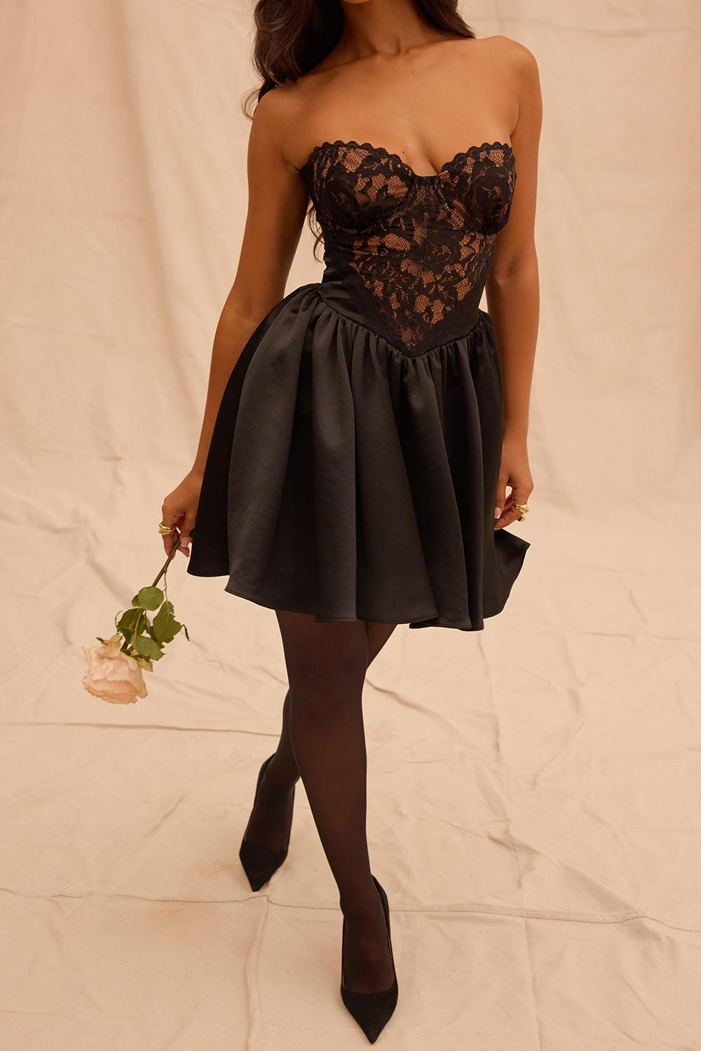 Jadore  black lace and satin strapless mini dress Product Image