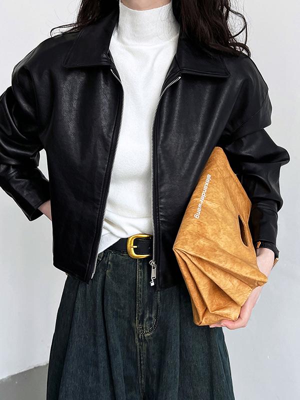 Long Sleeves Loose Solid Color Zipper Lapel Collar Jackets&Coats Outerwear Product Image