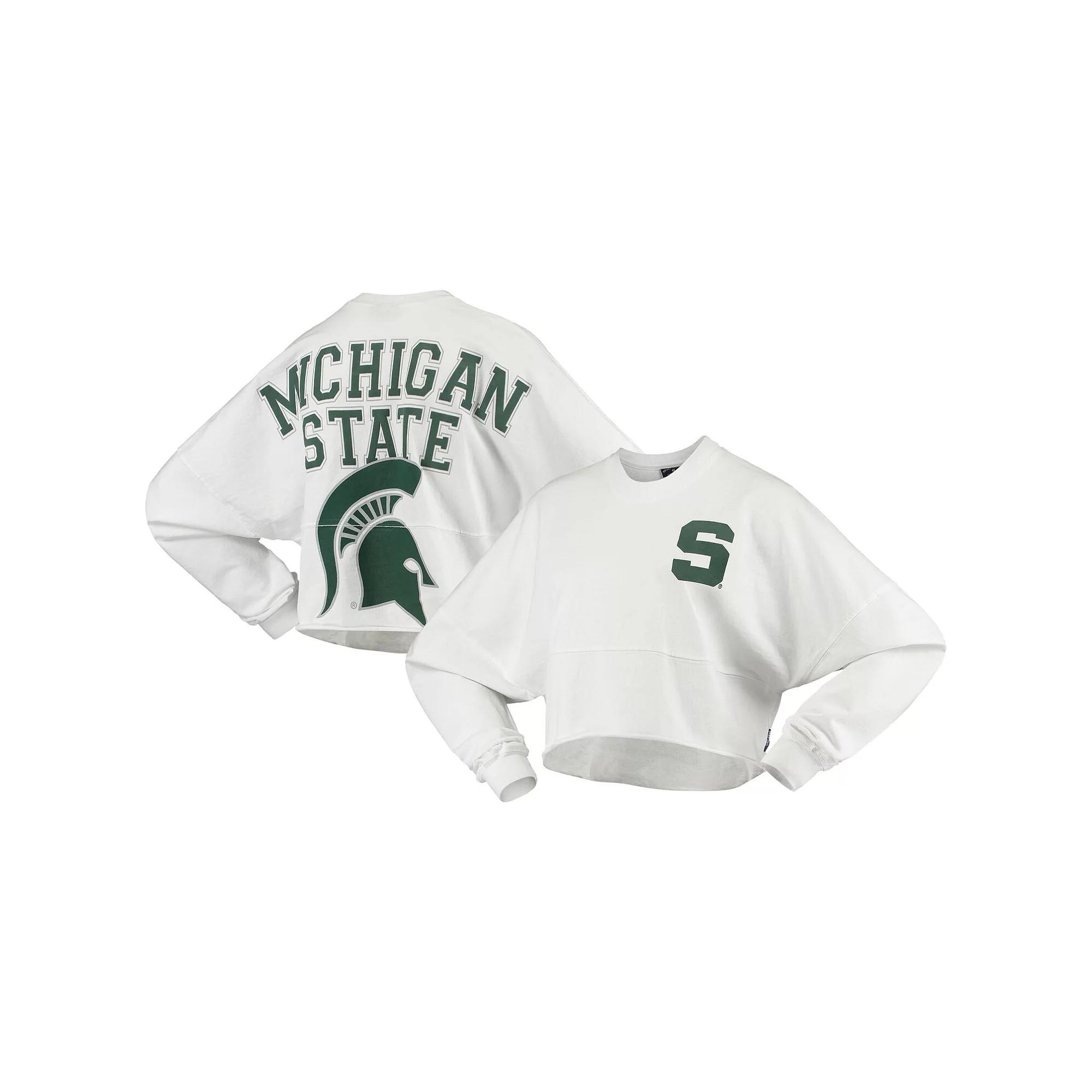Women's White Michigan State Spartans Raw Hem Cropped Spirit Jersey Long Sleeve T-Shirt,  Product Image
