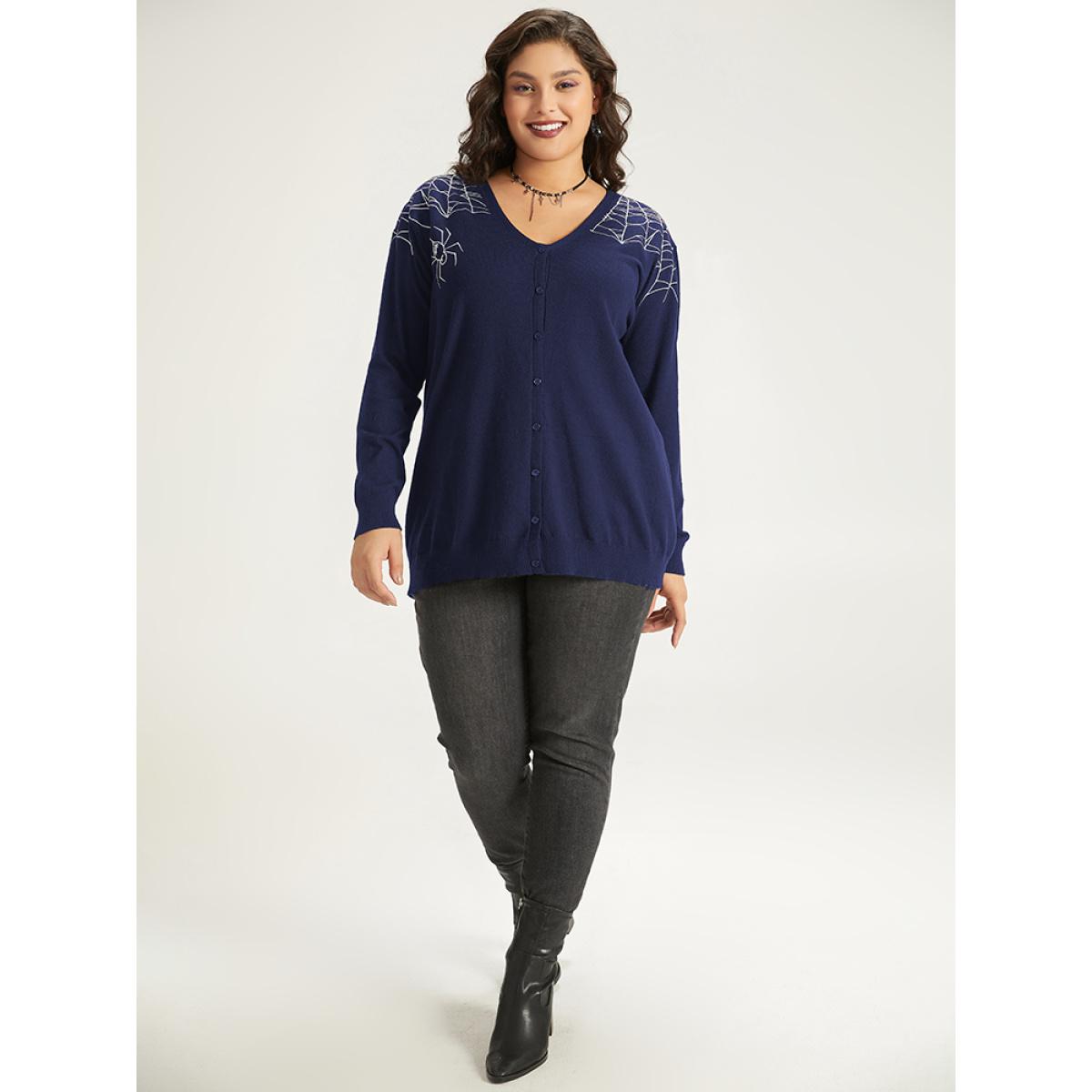 Plus Size Supersoft Essentials Halloween Spider Web Button Through Cardigan Indigo Women Leisure Loose Long Sleeve Casual Cardigans BloomChic 10/M Product Image