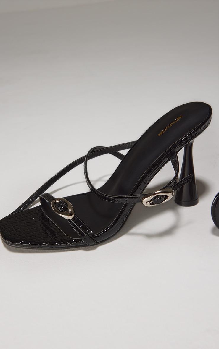 Black Croc PU Round Toe Silver Buckle Cross Strap Detail High Heeled Sandals Product Image