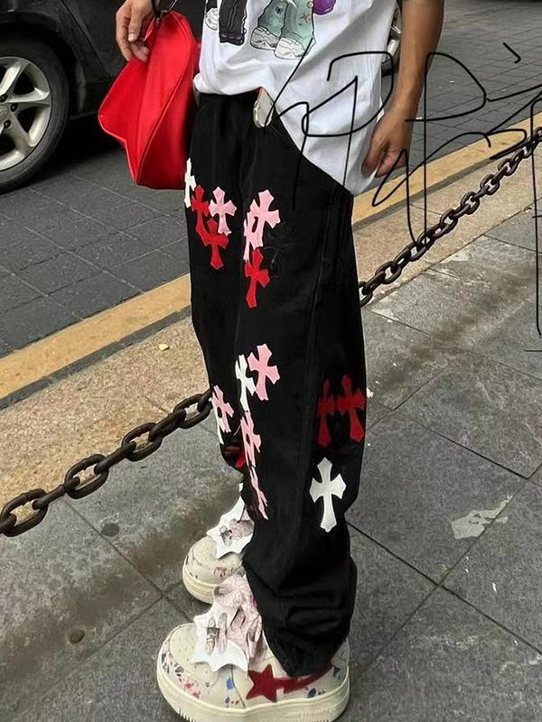 Men's Cross Patch Leather Loose Jeans Product Image