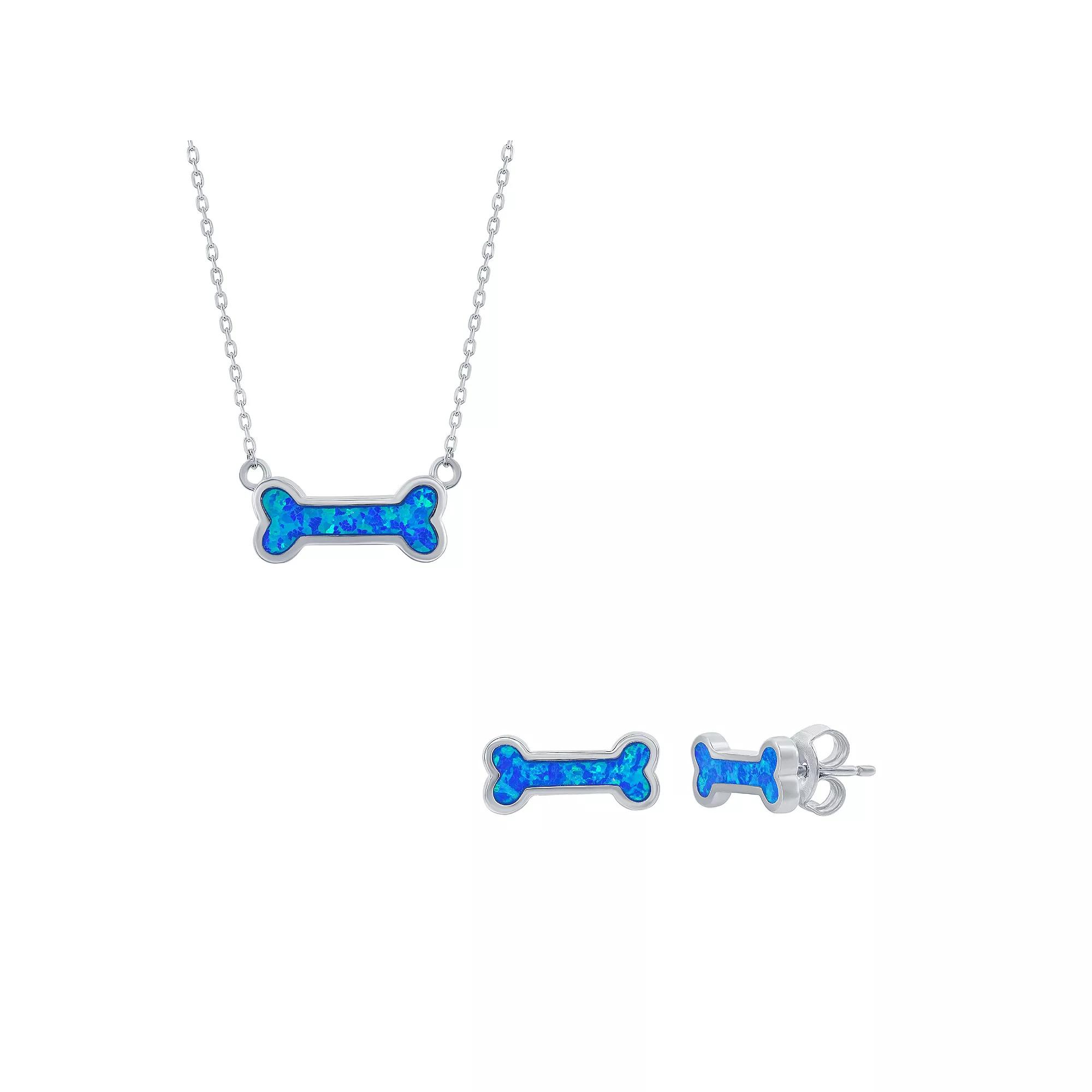 Sterling Silver Blue Opal Dog Bone Earring & Necklace Set, Women's Product Image
