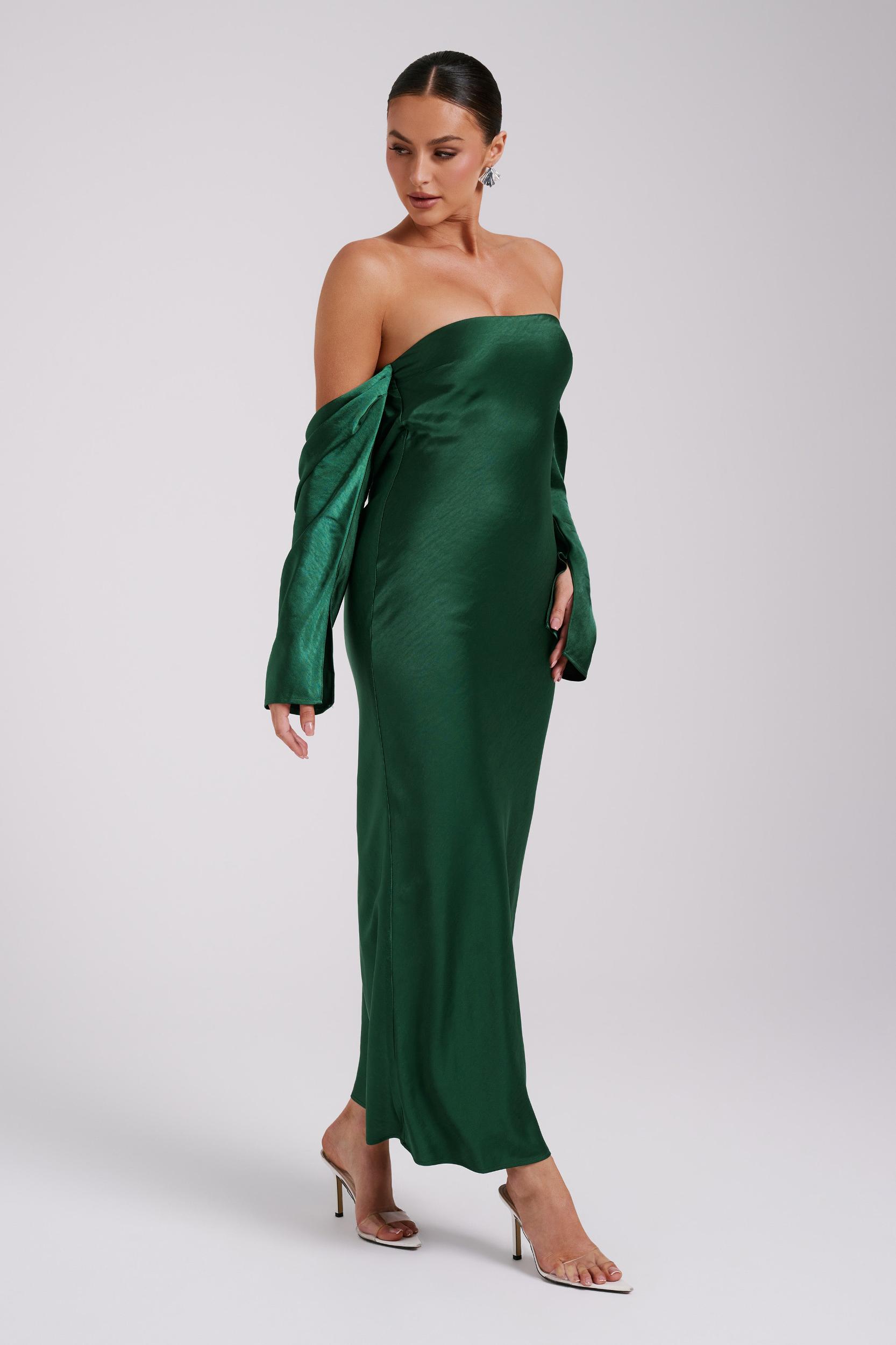 Vee Off Shoulder Satin Midi Dress - Emerald Product Image