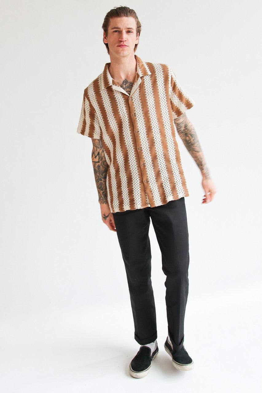 Natural Striped Textured Knit Button Up Shirt Product Image