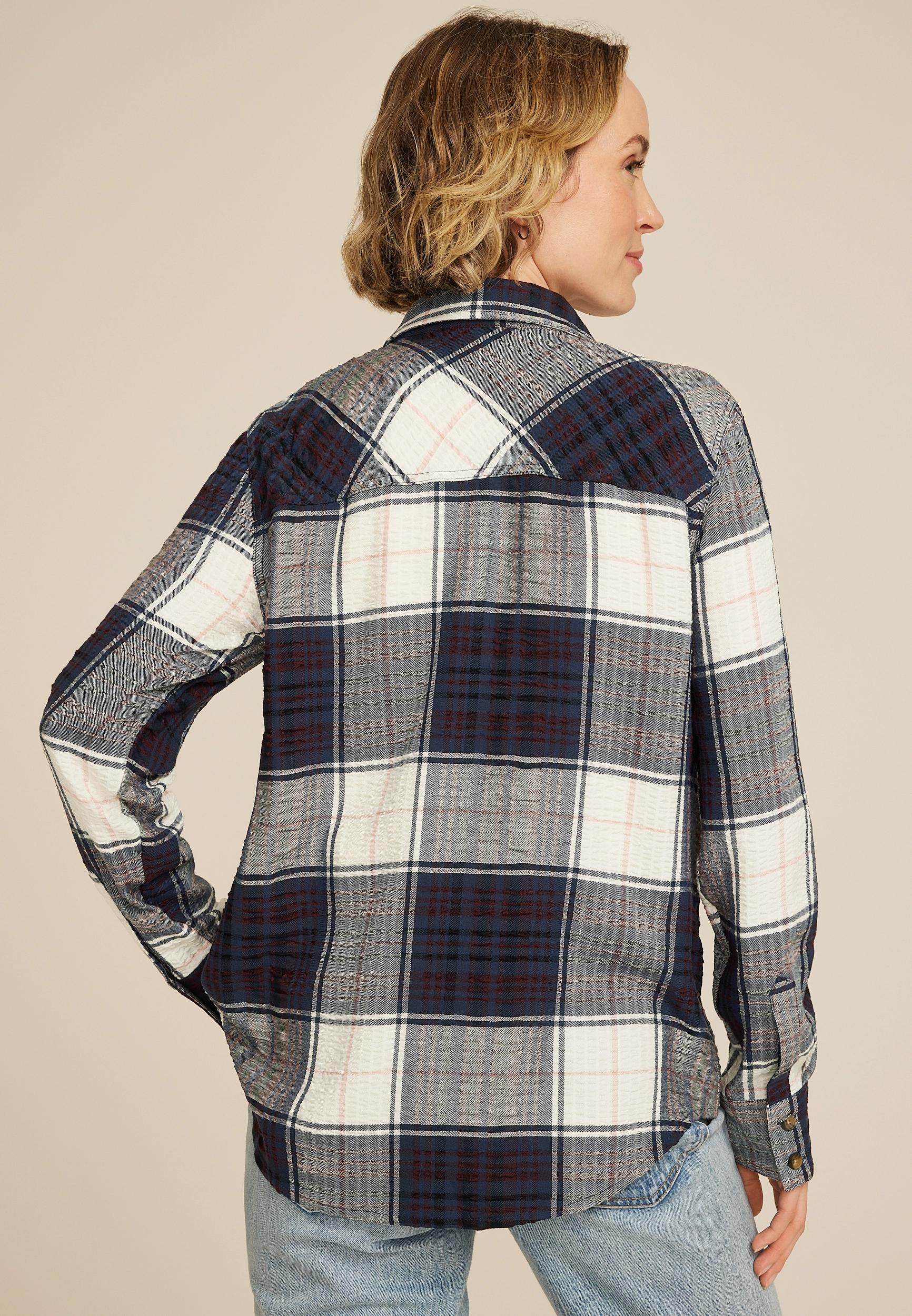 Maurices Womens Pucker Plaid Button Down Shirt Product Image